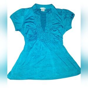 Free 2 Love Blue Ruched Blouse with Notched Collar